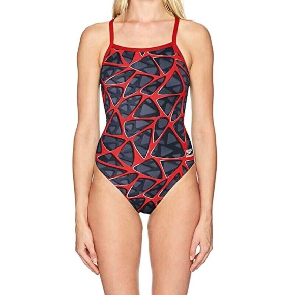 speedo Women's Swimsuit Hard Wired One Back Size 30 Red Black Abstract Print New - Picture 4 of 10